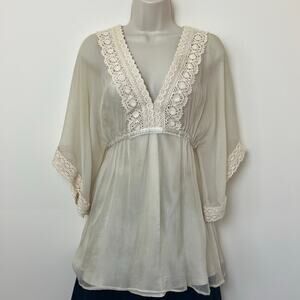 Marciano Silk Crochet Sheer Lined V Neck Babydoll Peasant Top Tunic XS Ivory